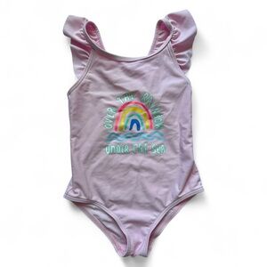 M&S Pink Rainbow One Piece Swimsuit 4T Ruffle Strap Graphic Beach